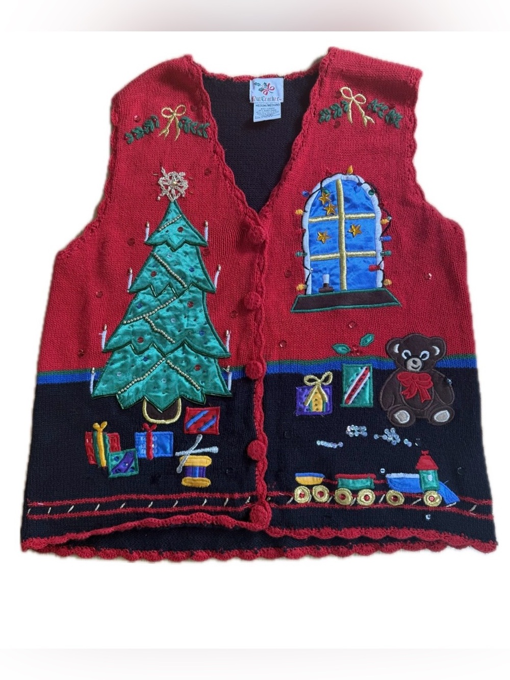 NUTCRACKER VTG Embroidered Christmas Sweater Vest M Teddy/Tree Appliqué 90's